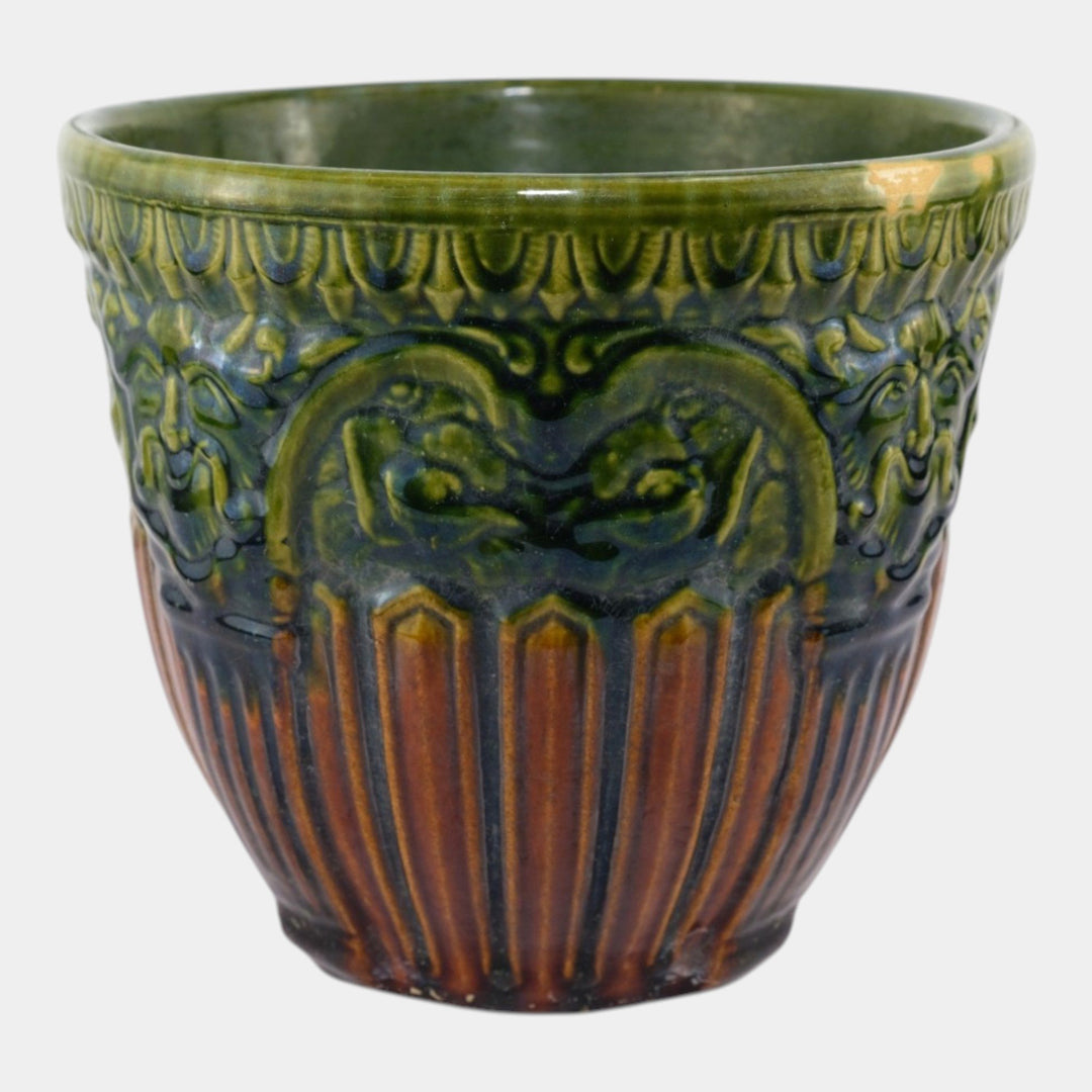 Brush McCoy 1927 Art Pottery Green Brown Blended Majolica Satyr Face Jardiniere - Just Art Pottery