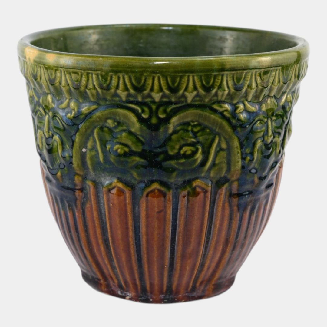 Brush McCoy 1927 Art Pottery Green Brown Blended Majolica Satyr Face Jardiniere - Just Art Pottery