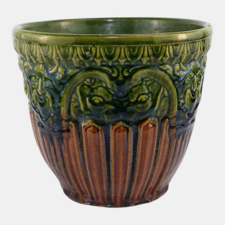 Brush McCoy 1927 Art Pottery Green Brown Blended Majolica Satyr Face Jardiniere - Just Art Pottery
