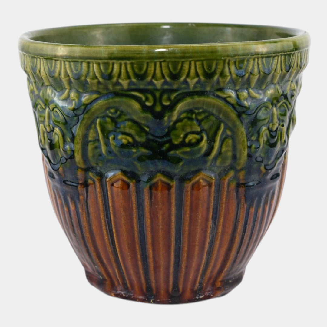 Brush McCoy 1927 Art Pottery Green Brown Blended Majolica Satyr Face Jardiniere - Just Art Pottery