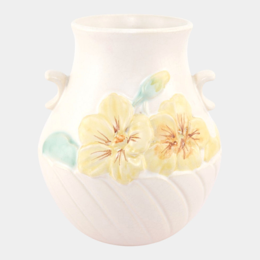 Weller Mi-Flo 1930s Vintage Art Deco White Yellow Floral Ceramic Vase M-4 - Just Art Pottery