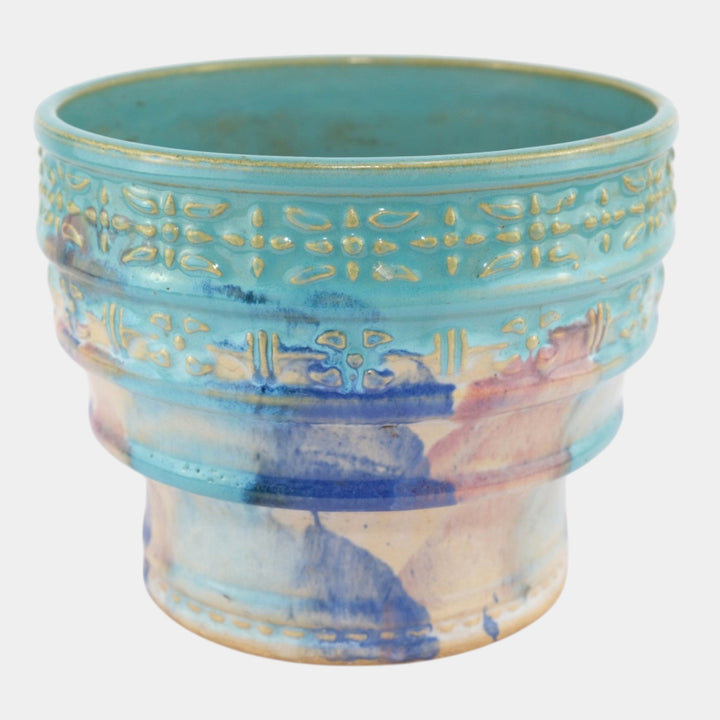 Hull Early Art Stoneware 1920s Vintage Pottery Ceramic Blue Stepped Jardiniere - Just Art Pottery