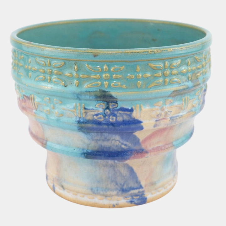 Hull Early Art Stoneware 1920s Vintage Pottery Ceramic Blue Stepped Jardiniere - Just Art Pottery
