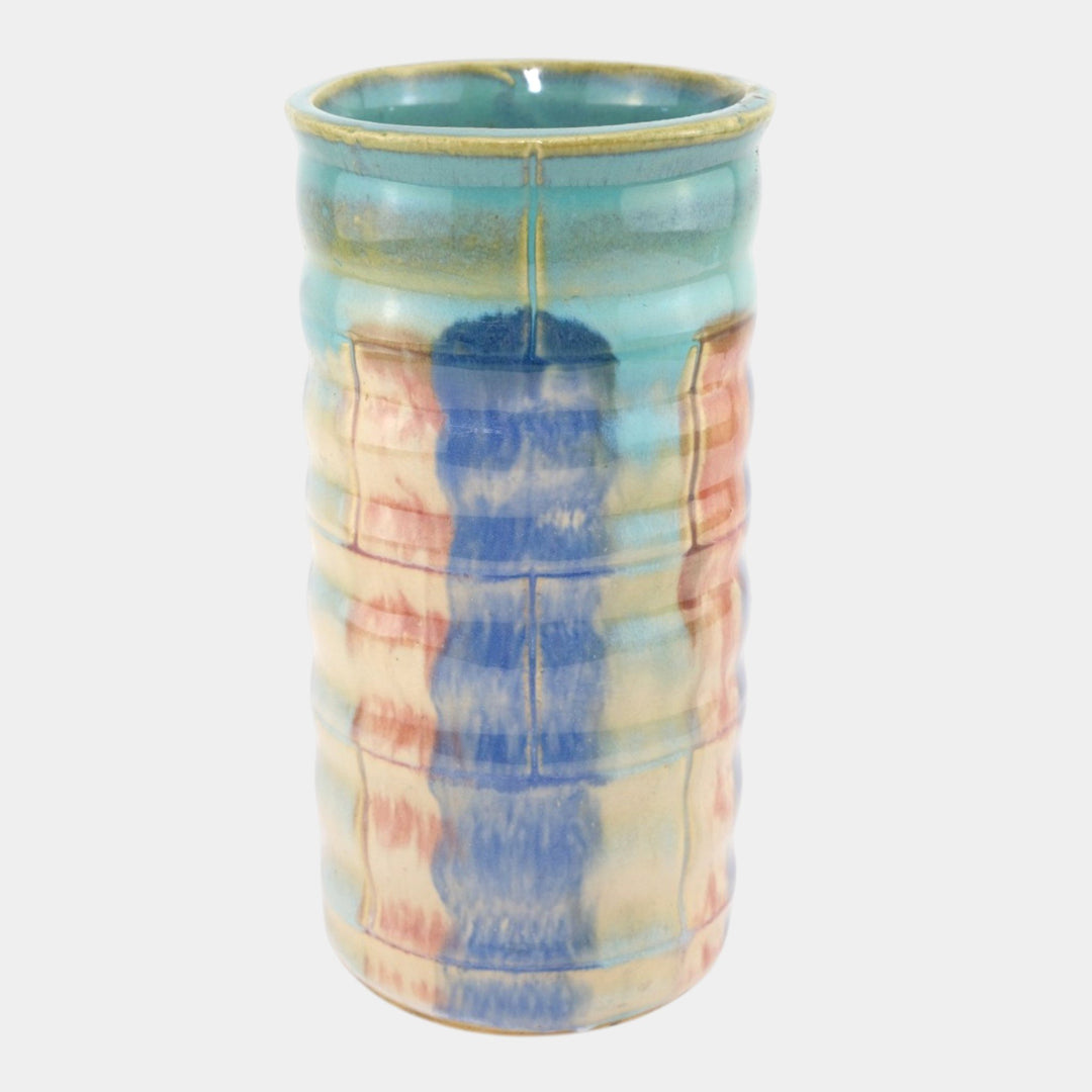 Hull Early Art Stoneware 1920s Vintage Art Deco Pottery Ribbed Cylinder Vase 26 - Just Art Pottery