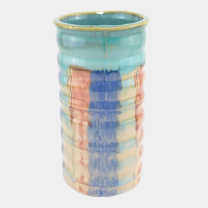 Hull Early Art Stoneware 1920s Vintage Art Deco Pottery Ribbed Cylinder Vase 26 - Just Art Pottery