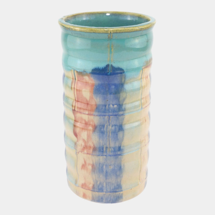 Hull Early Art Stoneware 1920s Vintage Art Deco Pottery Ribbed Cylinder Vase 26 - Just Art Pottery