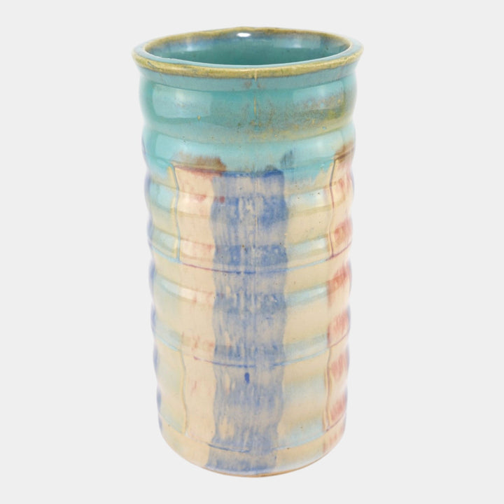Hull Early Art Stoneware 1920s Vintage Art Deco Pottery Ribbed Cylinder Vase 26 - Just Art Pottery