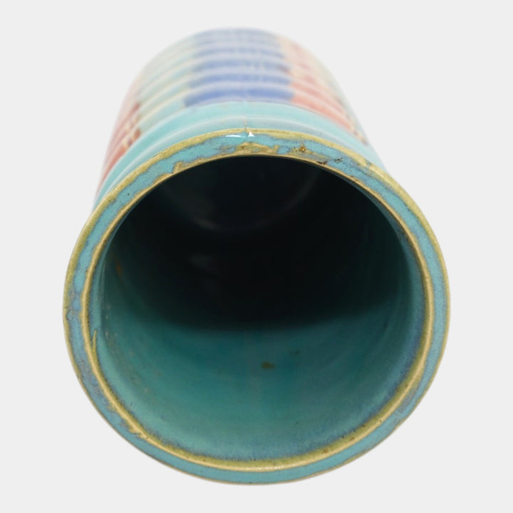 Hull Early Art Stoneware 1920s Vintage Art Deco Pottery Ribbed Cylinder Vase 26 - Just Art Pottery