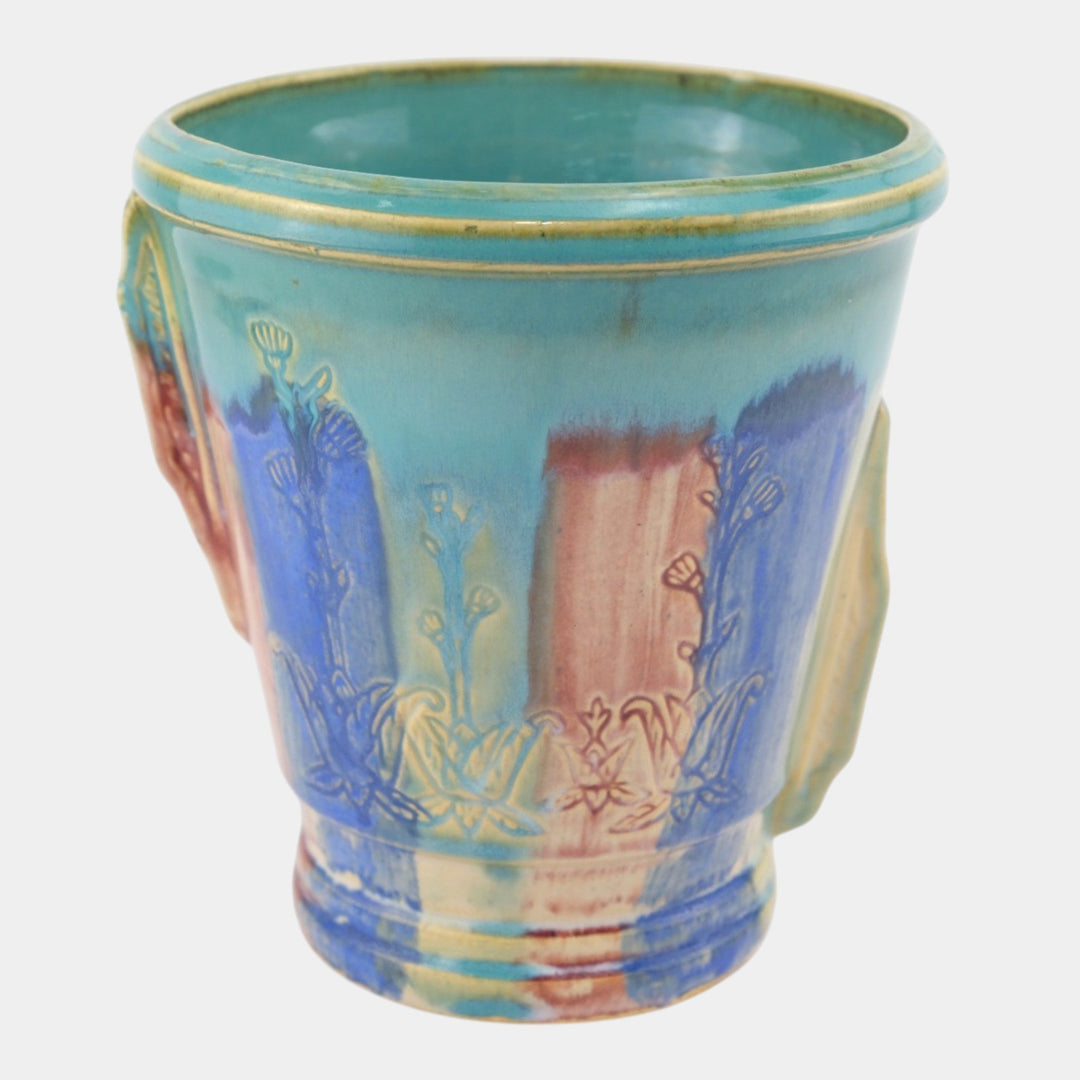 Hull Early Art Pottery 1920s Art Deco Blue Red Green Stoneware Handled Vase - Just Art Pottery