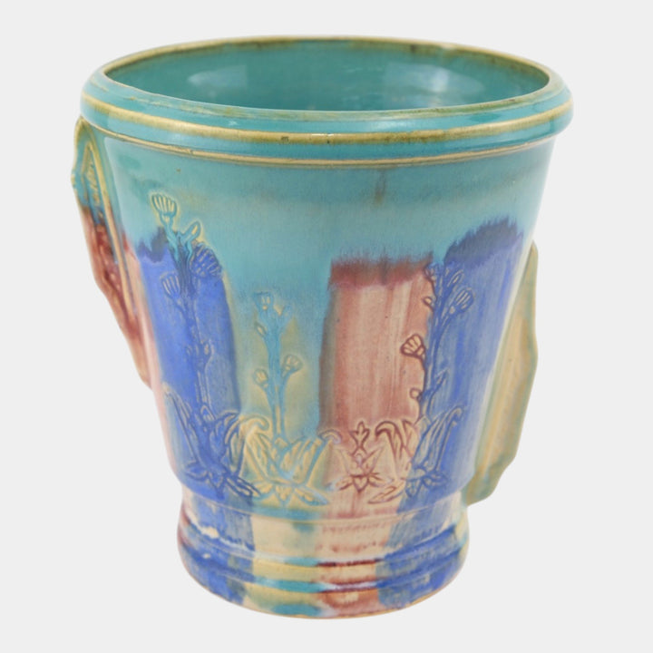 Hull Early Art Pottery 1920s Art Deco Blue Red Green Stoneware Handled Vase - Just Art Pottery