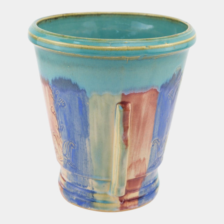 Hull Early Art Pottery 1920s Art Deco Blue Red Green Stoneware Handled Vase - Just Art Pottery