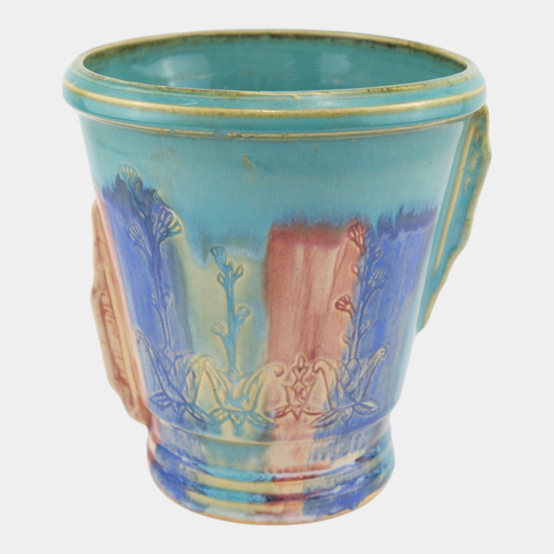 Hull Early Art Pottery 1920s Art Deco Blue Red Green Stoneware Handled Vase - Just Art Pottery