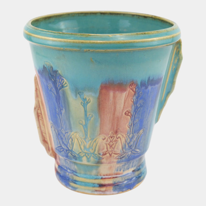 Hull Early Art Pottery 1920s Art Deco Blue Red Green Stoneware Handled Vase - Just Art Pottery