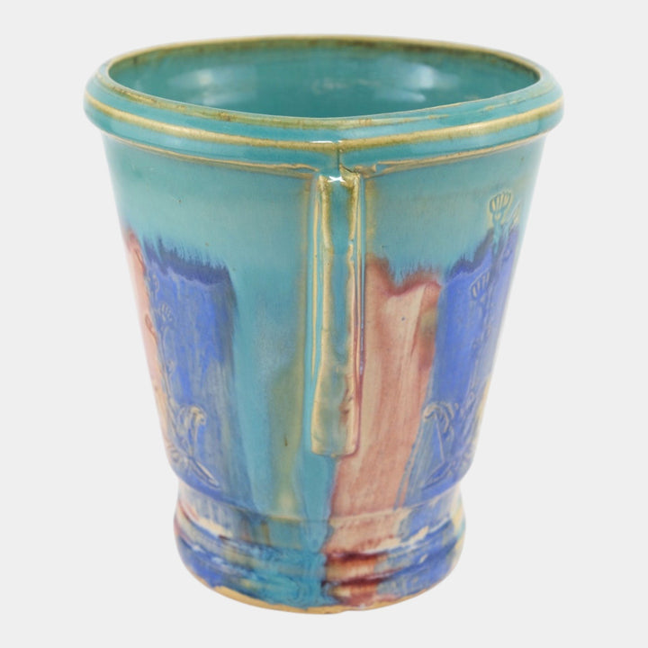 Hull Early Art Pottery 1920s Art Deco Blue Red Green Stoneware Handled Vase - Just Art Pottery