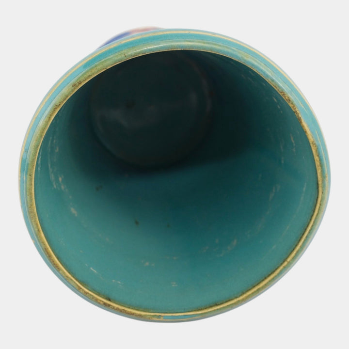 Hull Early Art Pottery 1920s Art Deco Blue Red Green Stoneware Handled Vase - Just Art Pottery