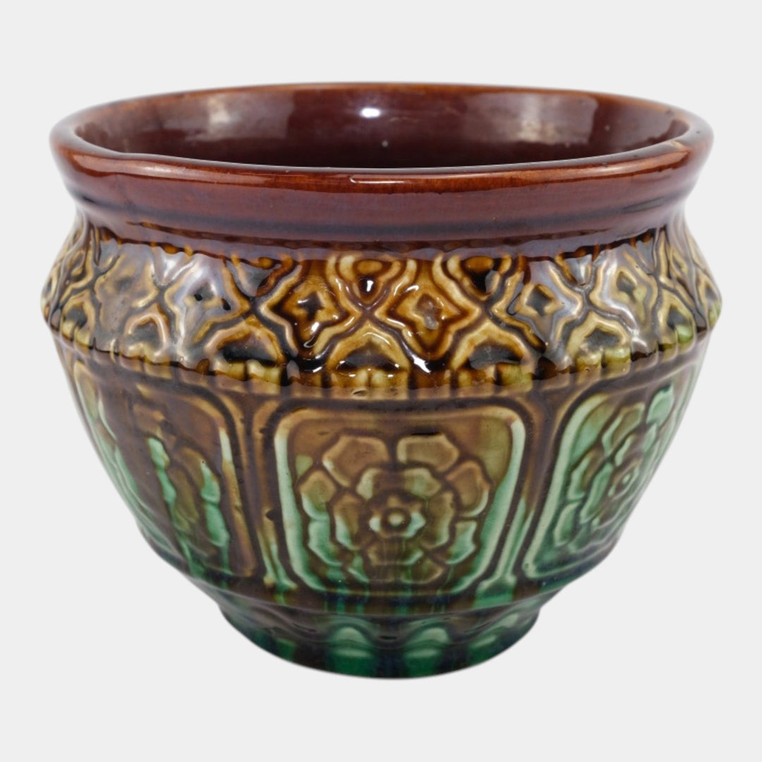 Weller Vintage Art Pottery Green Brown Floral Panel Ceramic Jardiniere Planter - Just Art Pottery