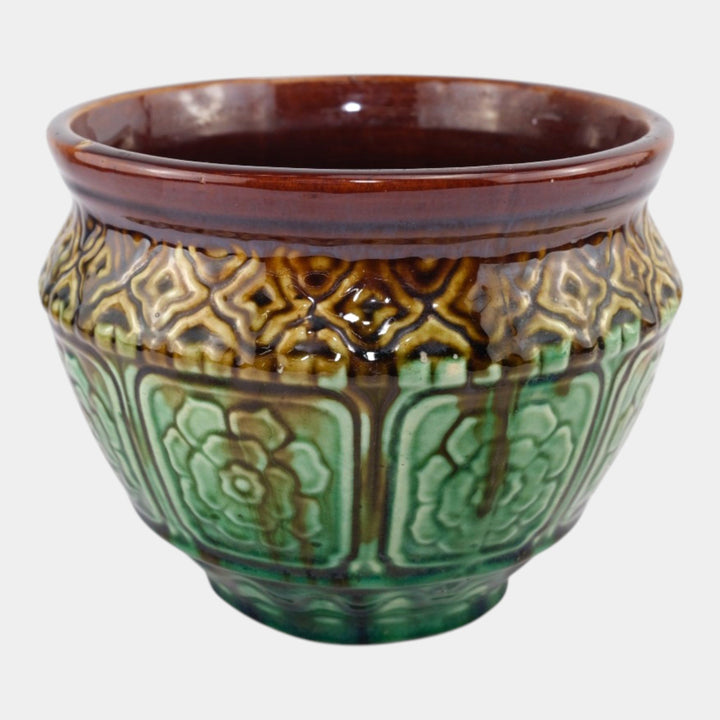 Weller Vintage Art Pottery Green Brown Floral Panel Ceramic Jardiniere Planter - Just Art Pottery