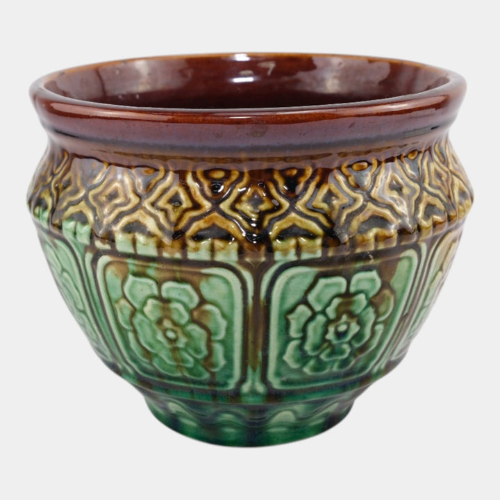 Weller Vintage Art Pottery Green Brown Floral Panel Ceramic Jardiniere Planter - Just Art Pottery