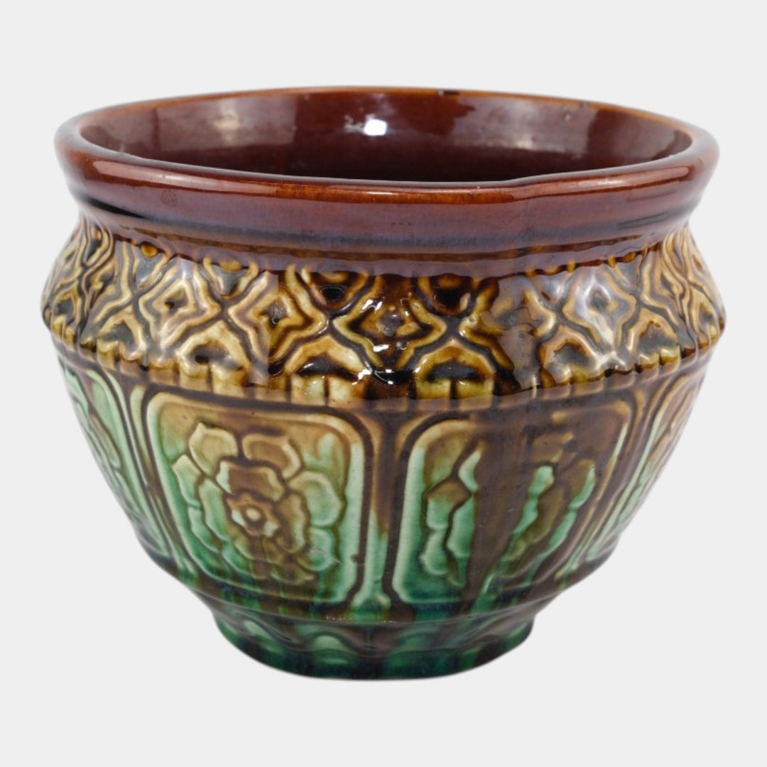Weller Vintage Art Pottery Green Brown Floral Panel Ceramic Jardiniere Planter - Just Art Pottery