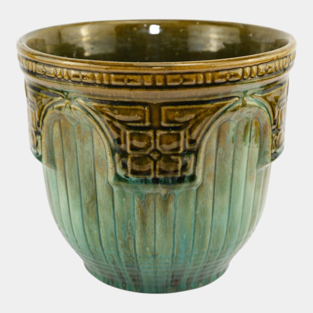 Brush McCoy 1920s Arts Pottery Green Brown Blended Majolica Jardiniere - Just Art Pottery