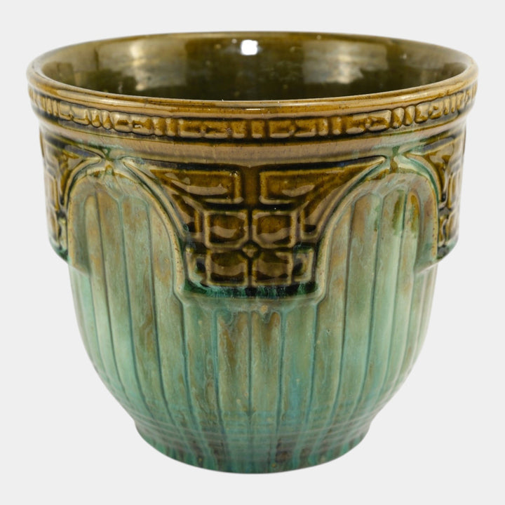 Brush McCoy 1920s Arts Pottery Green Brown Blended Majolica Jardiniere - Just Art Pottery