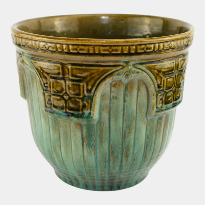 Brush McCoy 1920s Arts Pottery Green Brown Blended Majolica Jardiniere - Just Art Pottery