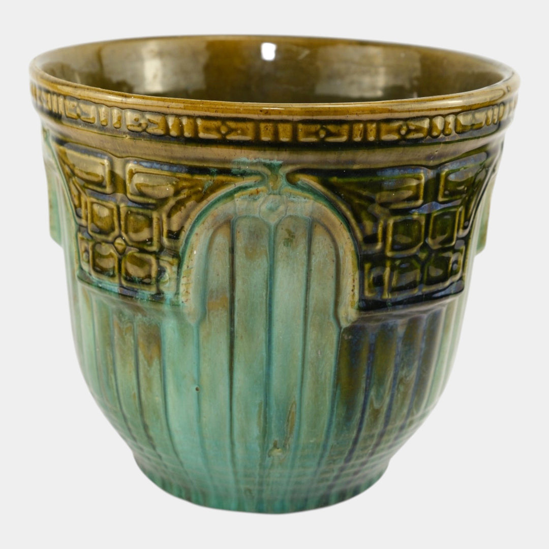Brush McCoy 1920s Arts Pottery Green Brown Blended Majolica Jardiniere - Just Art Pottery