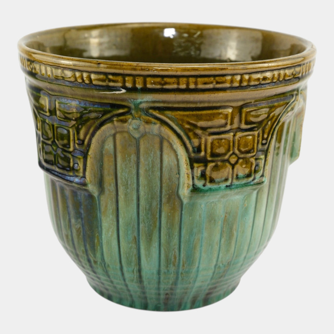 Brush McCoy 1920s Arts Pottery Green Brown Blended Majolica Jardiniere - Just Art Pottery