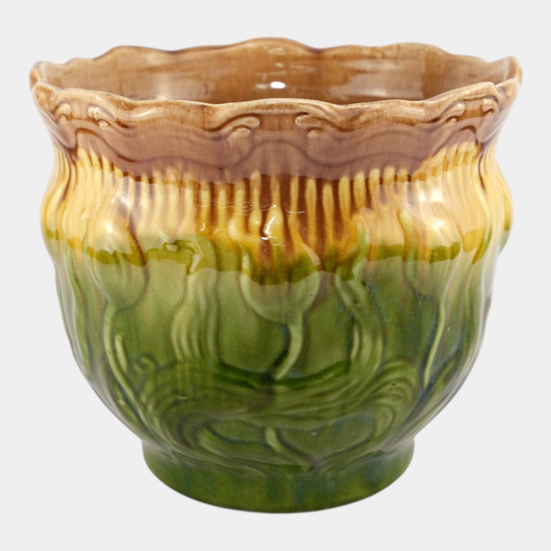 Brush McCoy 1900s Art Pottery Green Brown Blended Majolica Tulip Jardiniere - Just Art Pottery