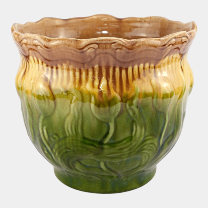 Brush McCoy 1900s Art Pottery Green Brown Blended Majolica Tulip Jardiniere - Just Art Pottery
