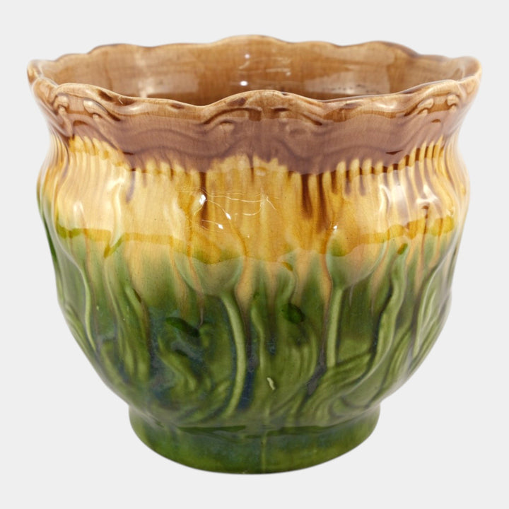 Brush McCoy 1900s Art Pottery Green Brown Blended Majolica Tulip Jardiniere - Just Art Pottery