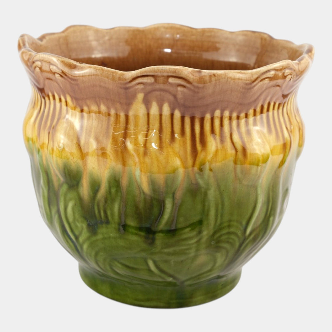 Brush McCoy 1900s Art Pottery Green Brown Blended Majolica Tulip Jardiniere - Just Art Pottery