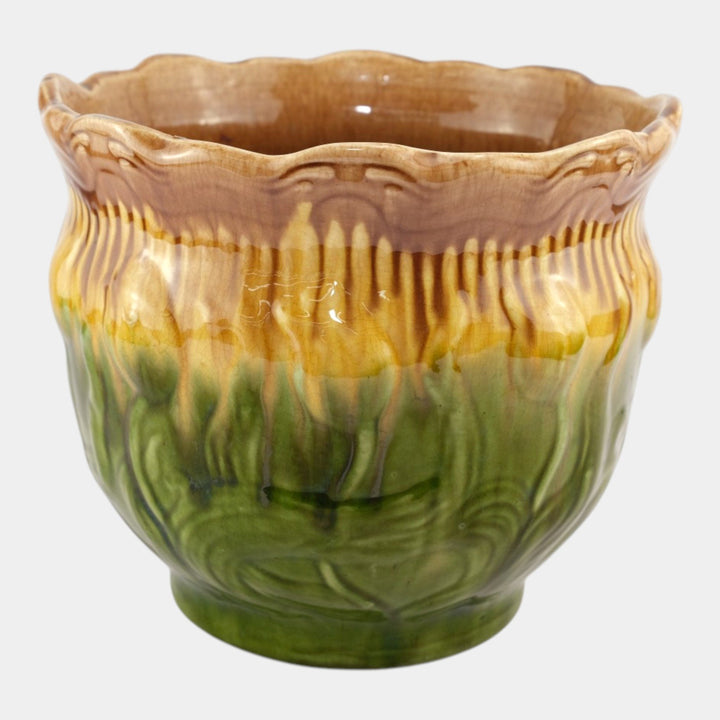 Brush McCoy 1900s Art Pottery Green Brown Blended Majolica Tulip Jardiniere - Just Art Pottery