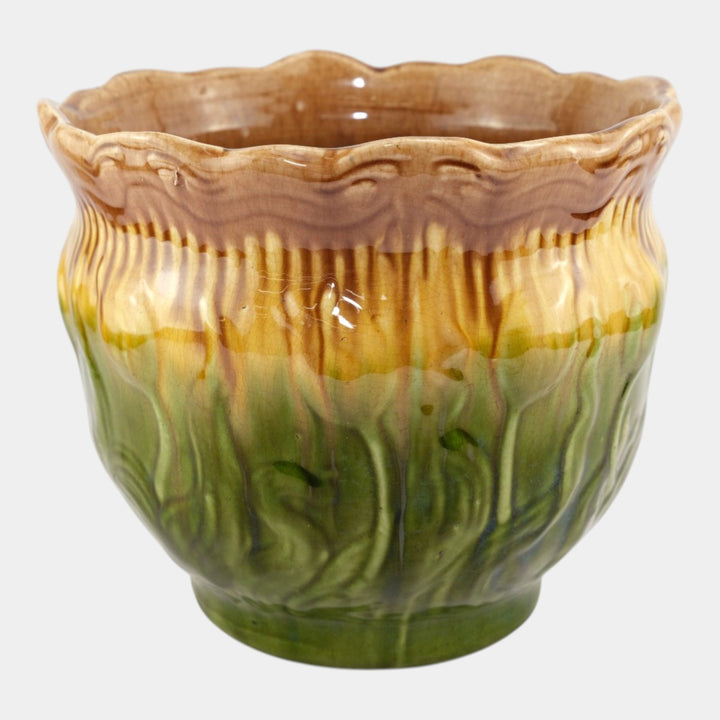 Brush McCoy 1900s Art Pottery Green Brown Blended Majolica Tulip Jardiniere - Just Art Pottery