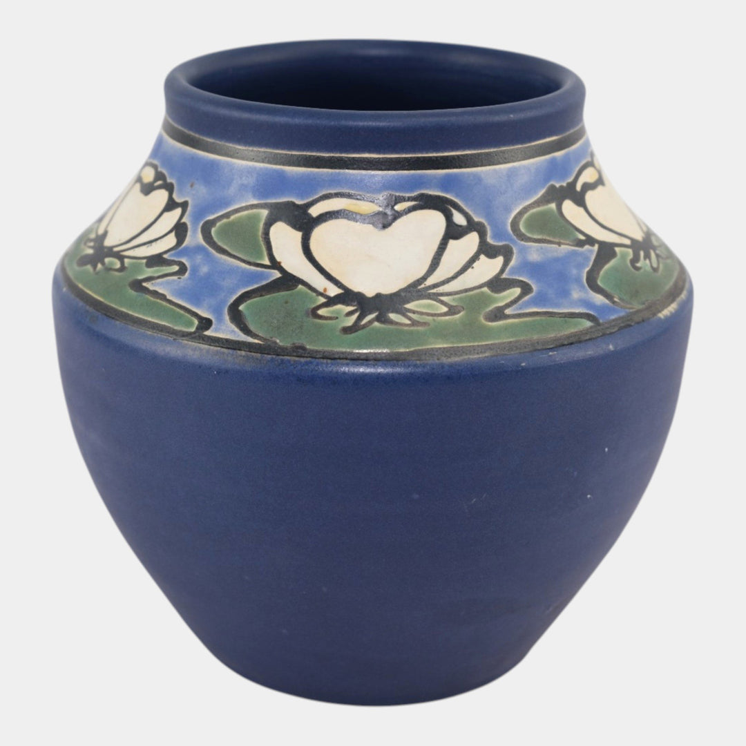 Ephraim Faience 1998 Hand Made Art Pottery SEG Style Water Lily Blue Vase 840 - Just Art Pottery