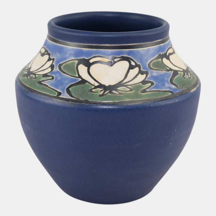 Ephraim Faience 1998 Hand Made Art Pottery SEG Style Water Lily Blue Vase 840 - Just Art Pottery