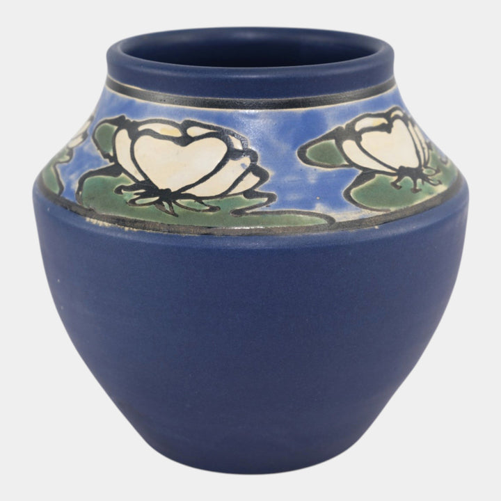 Ephraim Faience 1998 Hand Made Art Pottery SEG Style Water Lily Blue Vase 840 - Just Art Pottery