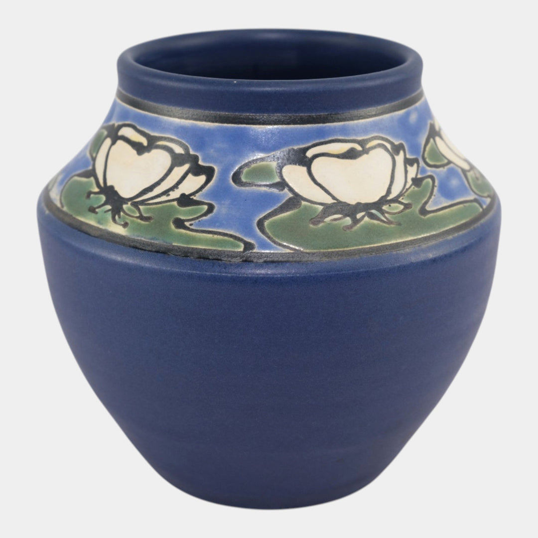 Ephraim Faience 1998 Hand Made Art Pottery SEG Style Water Lily Blue Vase 840 - Just Art Pottery