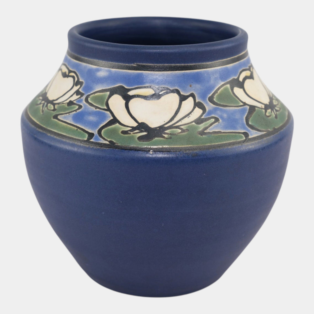 Ephraim Faience 1998 Hand Made Art Pottery SEG Style Water Lily Blue Vase 840 - Just Art Pottery