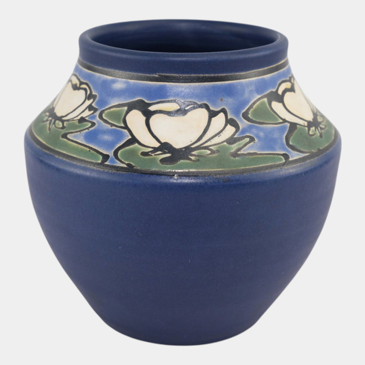 Ephraim Faience 1998 Hand Made Art Pottery SEG Style Water Lily Blue Vase 840 - Just Art Pottery