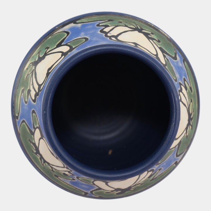 Ephraim Faience 1998 Hand Made Art Pottery SEG Style Water Lily Blue Vase 840 - Just Art Pottery