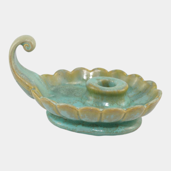 Fulper 1917-1934 Arts And Crafts Pottery Green Crystalline Chamberstick 728 - Just Art Pottery