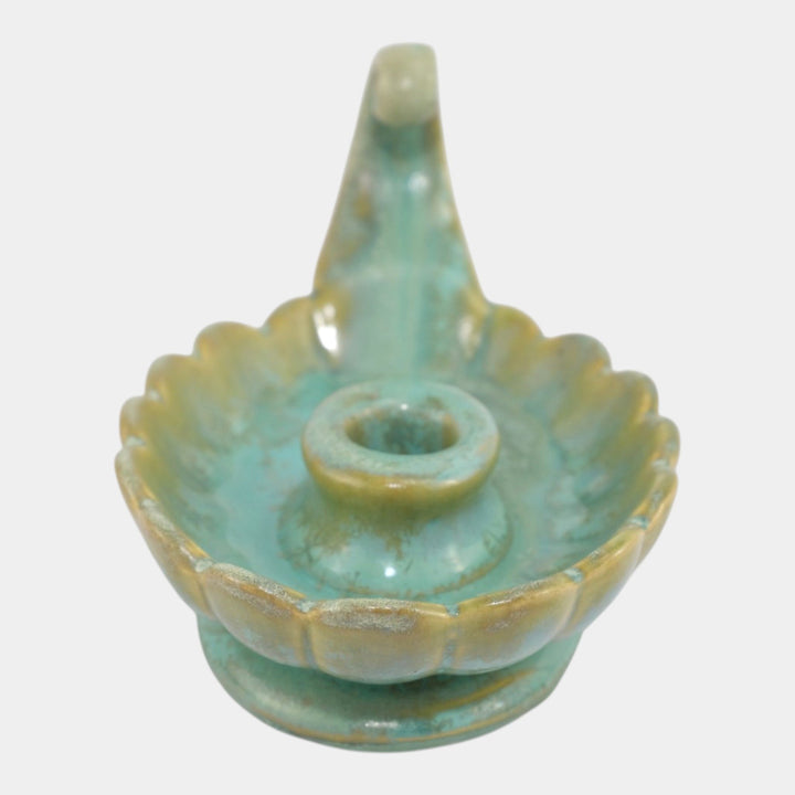 Fulper 1917-1934 Arts And Crafts Pottery Green Crystalline Chamberstick 728 - Just Art Pottery