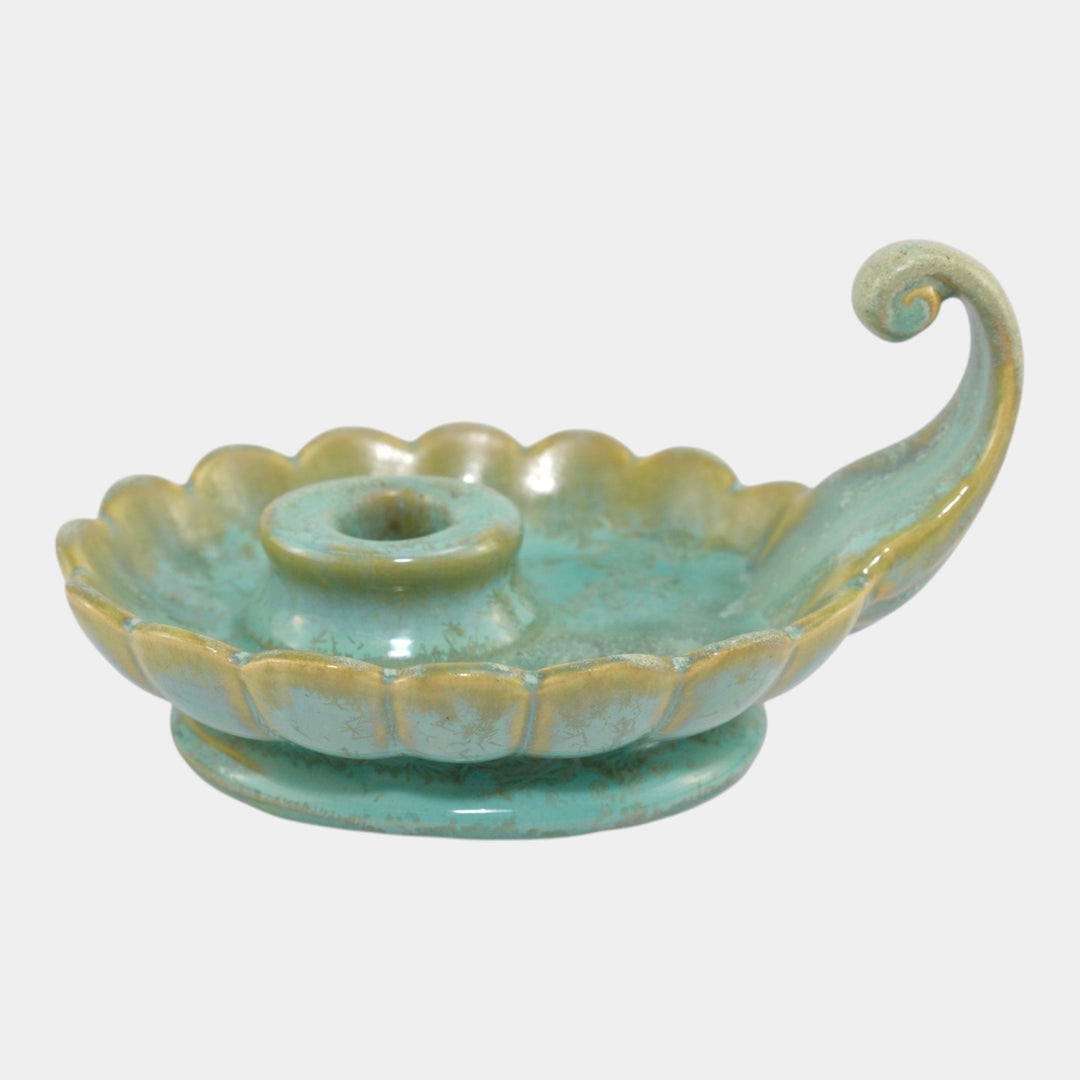 Fulper 1917-1934 Arts And Crafts Pottery Green Crystalline Chamberstick 728 - Just Art Pottery