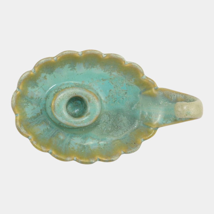 Fulper 1917-1934 Arts And Crafts Pottery Green Crystalline Chamberstick 728 - Just Art Pottery