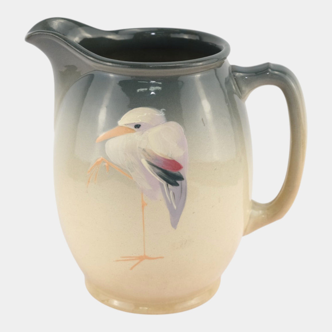 Weller Eocean 1920s Vintage Art Pottery Hand Painted Stork Ceramic Pitcher - Just Art Pottery