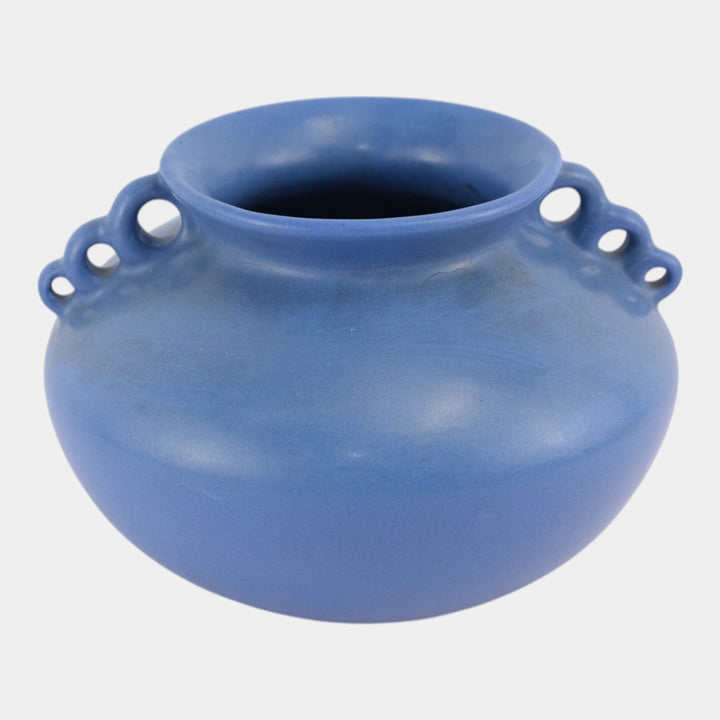 Monmouth Western Stoneware 1930s Art Deco Pottery Blue Looped Handled Vase - Just Art Pottery
