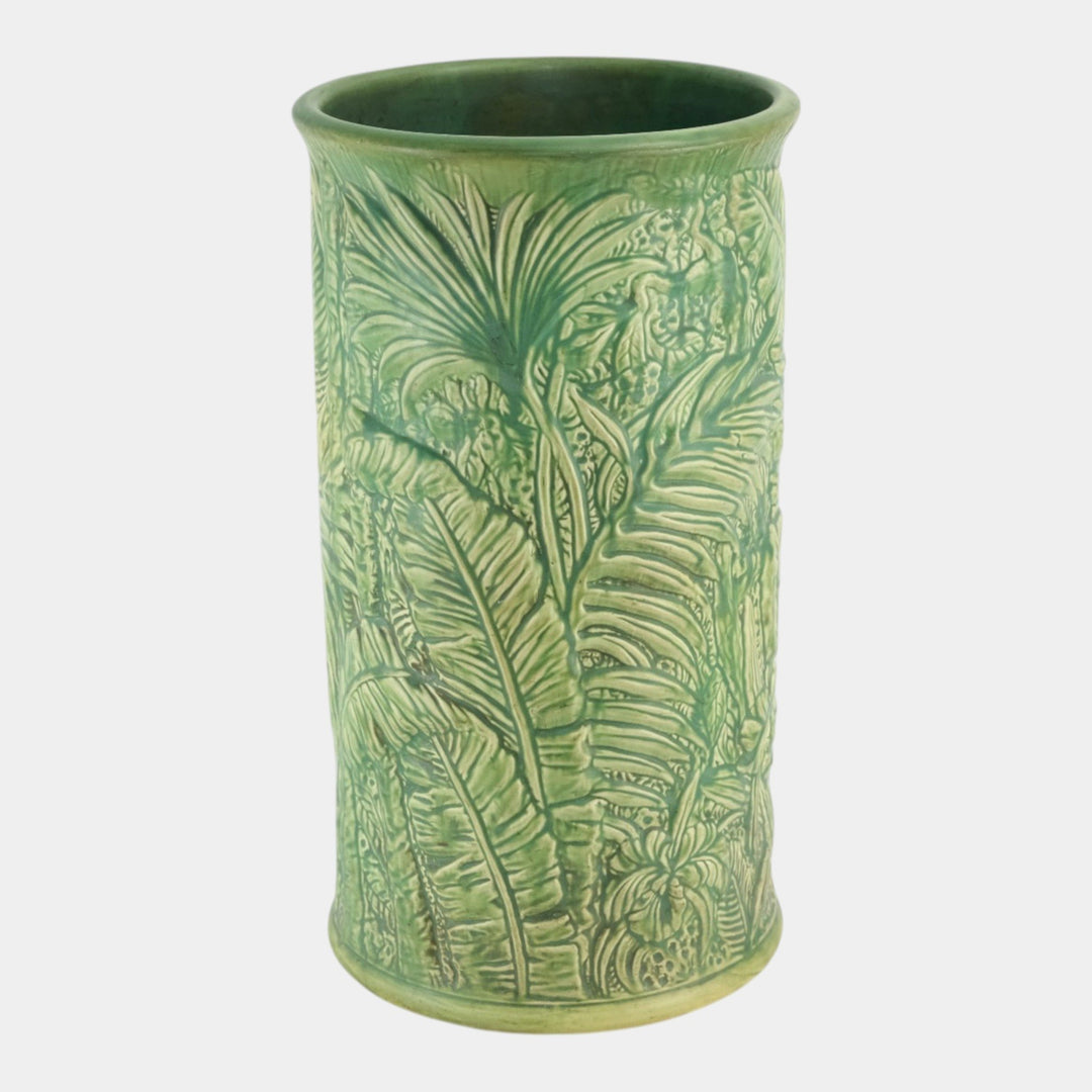 Weller Marvo 1920s Vintage Art Deco Potter Green Palm Leaves Umbrella Stand - Just Art Pottery