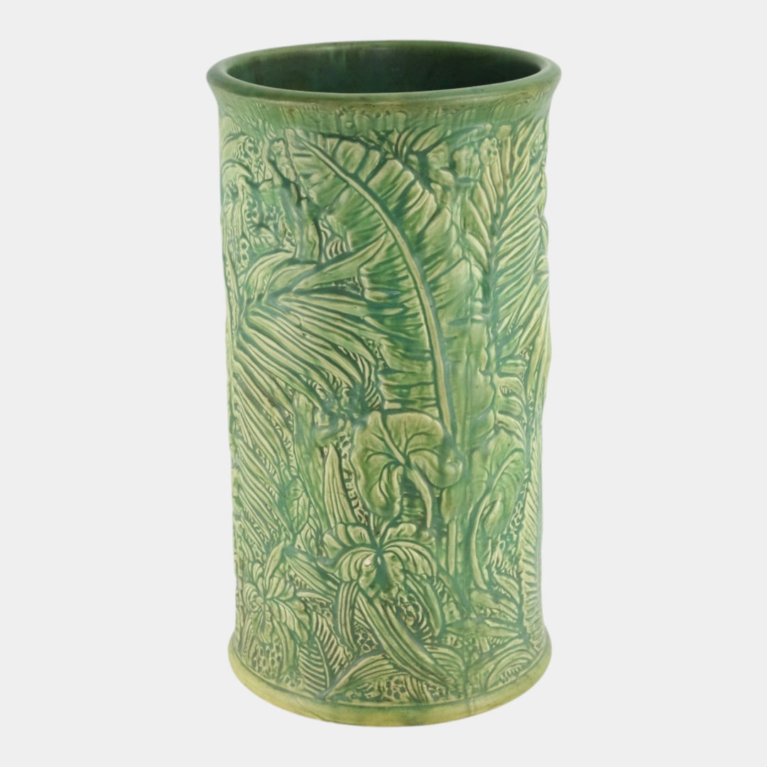 Weller Marvo 1920s Vintage Art Deco Potter Green Palm Leaves Umbrella Stand - Just Art Pottery