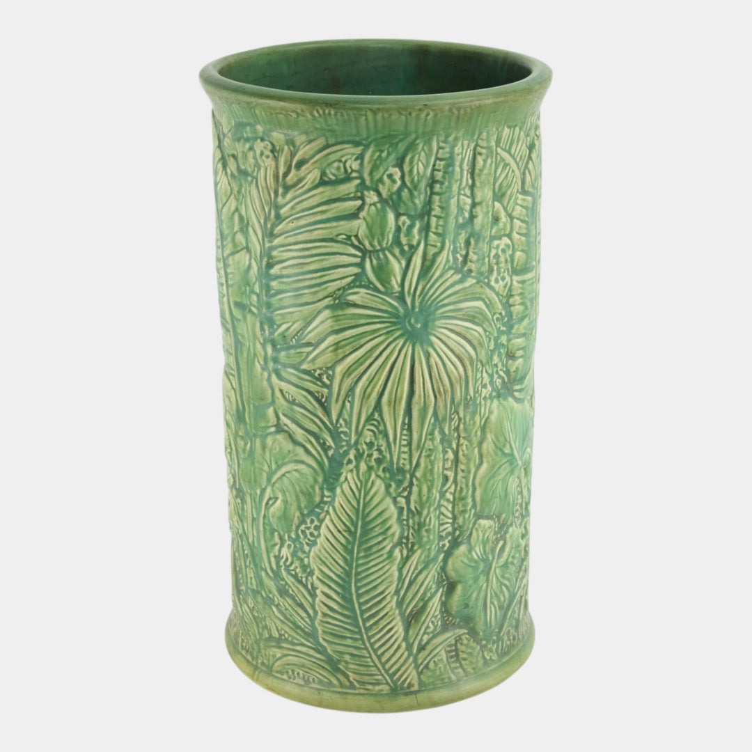Weller Marvo 1920s Vintage Art Deco Potter Green Palm Leaves Umbrella Stand - Just Art Pottery